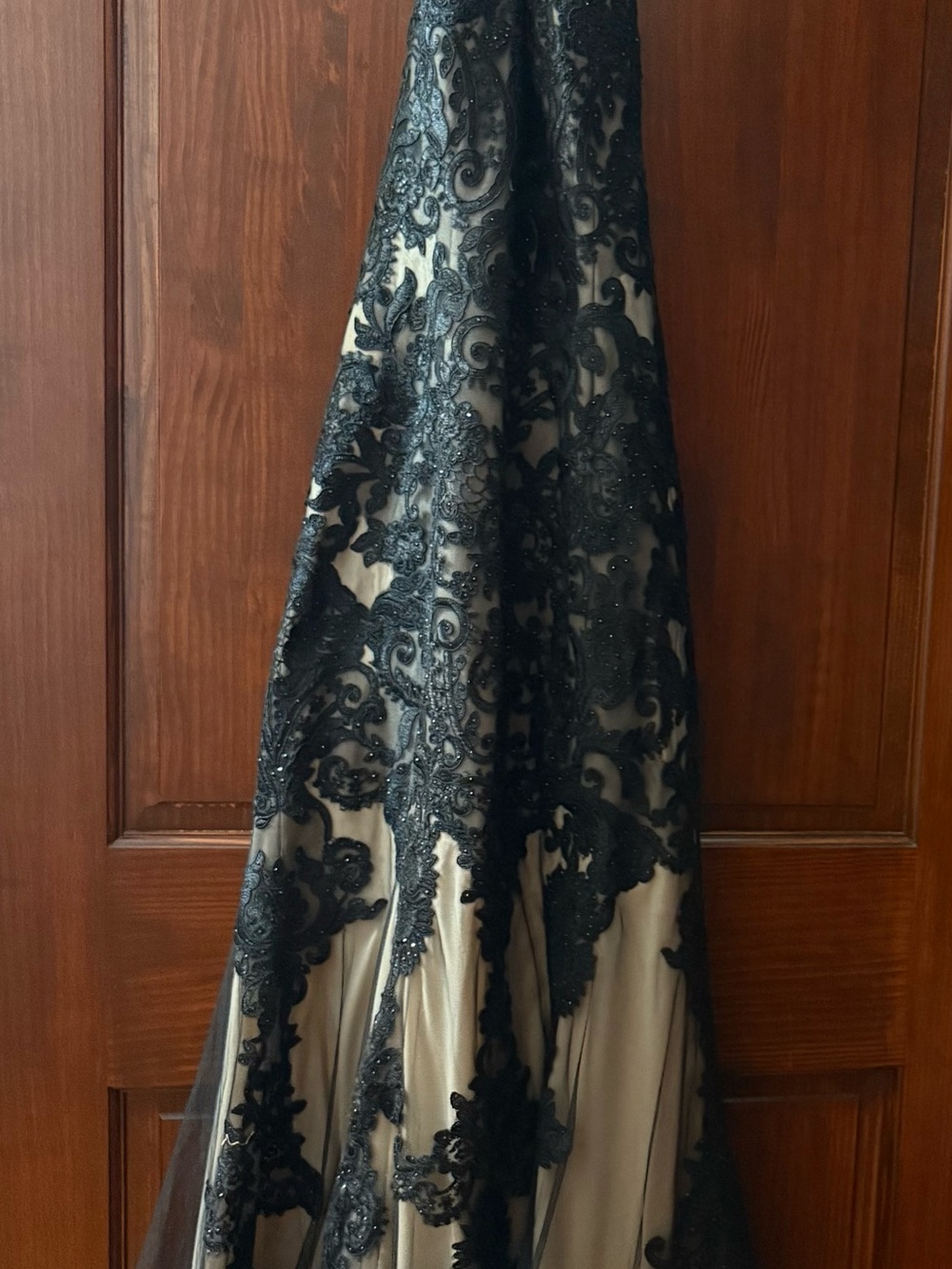 Mon Cheri Black Lace Appliqué Gown on Nude